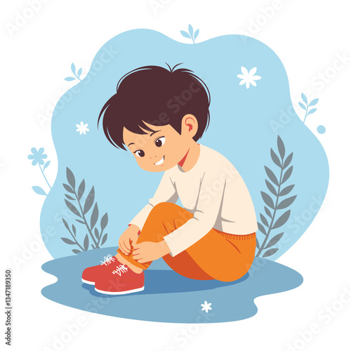 Child tying shoelaces with a cheerful smile, a moment of joy