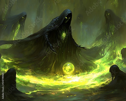 Dark cloaked figures summon in a green, glowing atmosphere