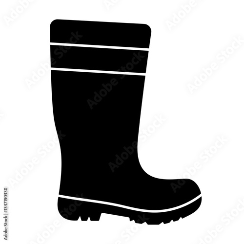 Silhouette of a Rubber Boot Vector Illustration. The boot features a tall shaft with two horizontal decorative bands near the top and a rugged sole with treads.