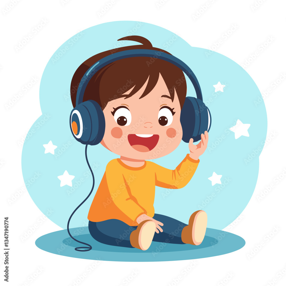 Child enjoying music joyfully with headphones, a playful moment Child enjoying music joyfully with headphones, a playful moment