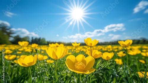A vibrant field of yellow buttercup flowers under a bright blue sky with sun rays shining down