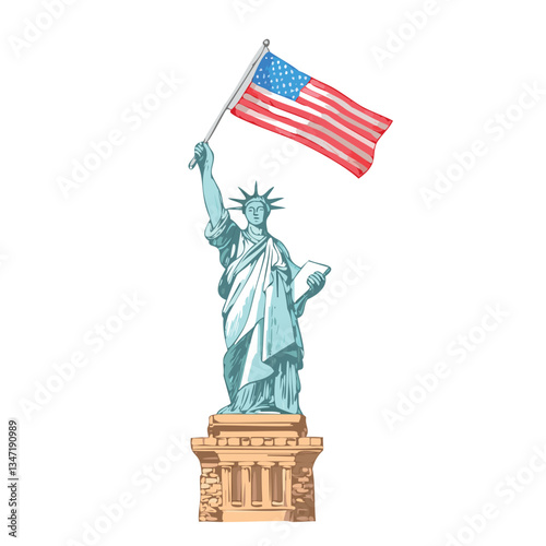 Realistic drawing of the statue holding up an American flag