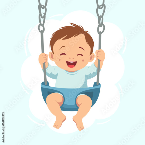 Smiling infant joyfully swinging on a swing, playful innocence