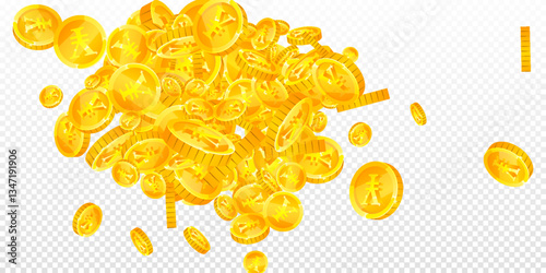 Chinese yuan coins falling. Scattered gold CNY