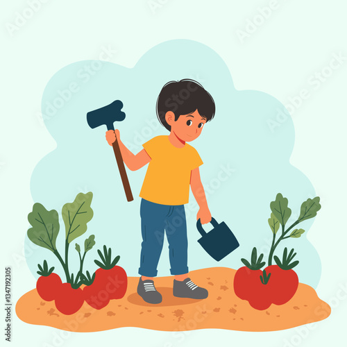 Gardening child joyfully tending to tomato plants, a nurturing experience