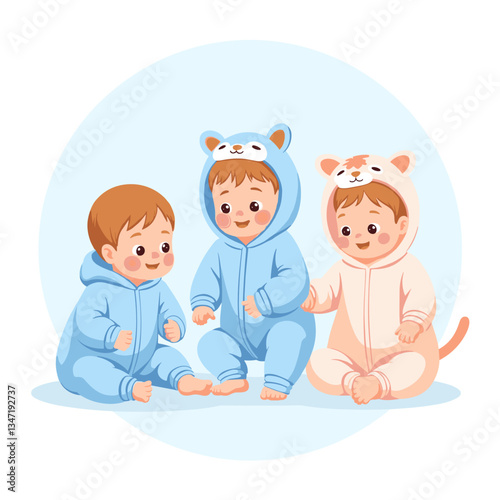 Babies in animal onesies, smiling joyfully in a playful setting, cuteness