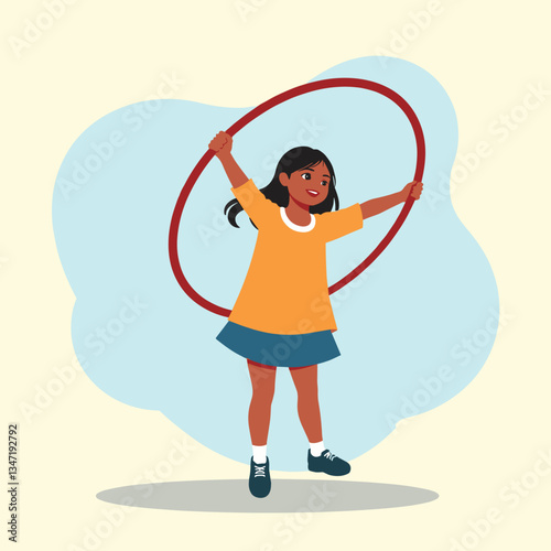 Hula hoop joy. A little girl twirling happily with a hoop, playful fun
