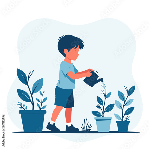 Gardening child watering plants with joy, nurturing nature's growth