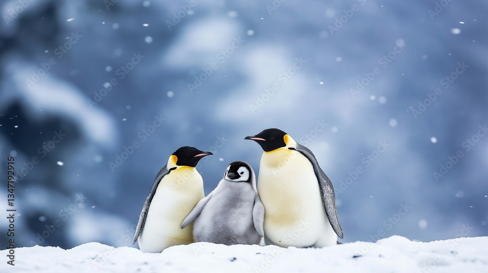 Obraz premium Penguins and their chick huddle together in snowy landscape