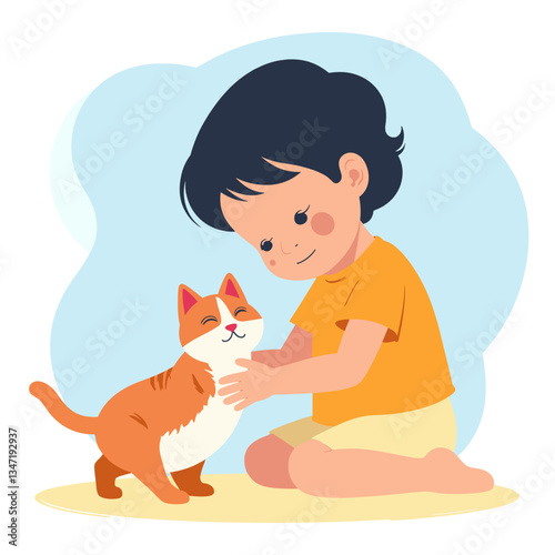 Child petting a kitten, expressing joy and affection, minimalist illustration