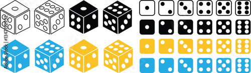 Dice six side face icon set. Playing cubes rolling dice vector isolated on transparent background. Six-sided dice, die for casino gambling line art icon for apps and websites. Vector illustration.