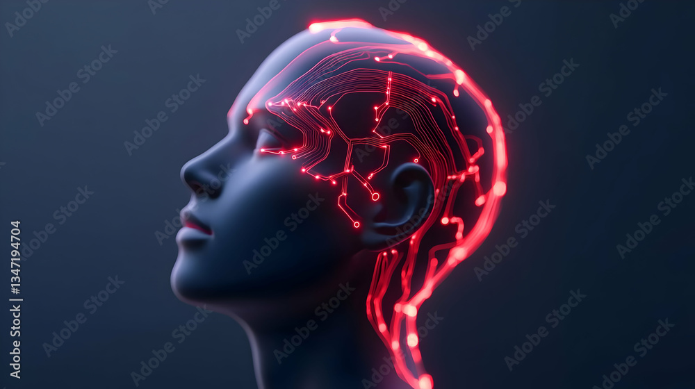 Obraz premium Glowing Red Neural Network Inside a Human Head Profile