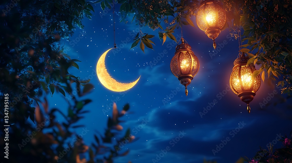 Naklejka premium A Glowing Crescent Moon with Decorative Lanterns for Eid