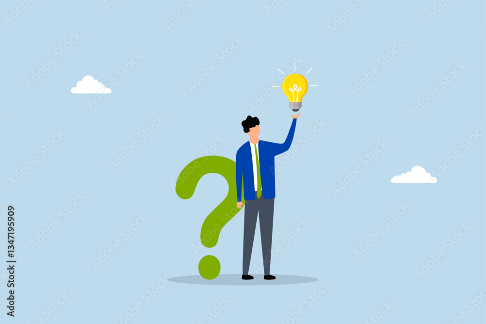 Question and answer, clever entrepreneur with a question mark symbol and lightbulb idea. Question and answer, clever entrepreneur with a question mark symbol and lightbulb idea.