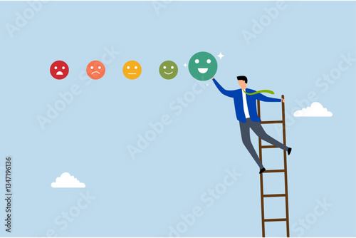 Customer satisfaction,young man ascends ladder to provide enthusiastic smile feedback rating. 