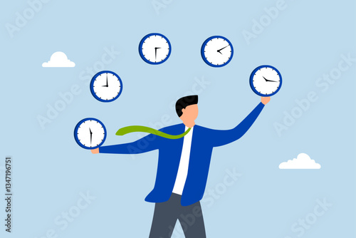 Time management, assurance entrepreneur specialist balancing timepiece in varying hours. 