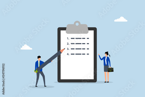 Writing business steps, businessman writing procedure step on clipboard