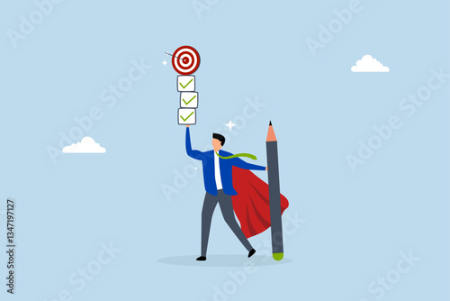 Finish work and achieve goal, entrepreneur hero complete assignment list to reach job goal. 