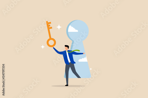 Success secret key discovery,  entrepreneur unlocks door via keyhole to present a concealed golden unlocking key. 