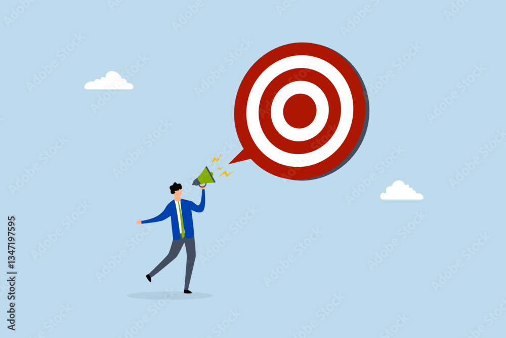 Announce new year goal, Entrepreneur declares new objective using megaphone. Announce new year goal, Entrepreneur declares new objective using megaphone.