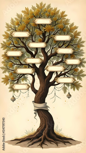 Family tree illustration with blank oval spaces for names