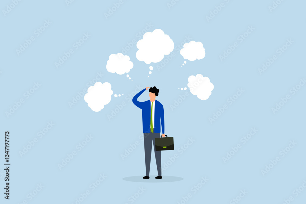 Too many thinking ideas, businessman thinking with many thinking bubbles. Too many thinking ideas, businessman thinking with many thinking bubbles.