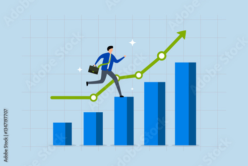 Business growth, businessman running up growth chart.