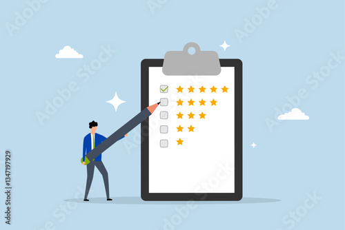 Evaluation performance survey, businessman use pencil giving stars evaluation.