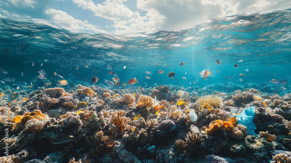 Coral bleached and covered in plastic, stark reminder of human impact Coral bleached and covered in plastic, stark reminder of human impact