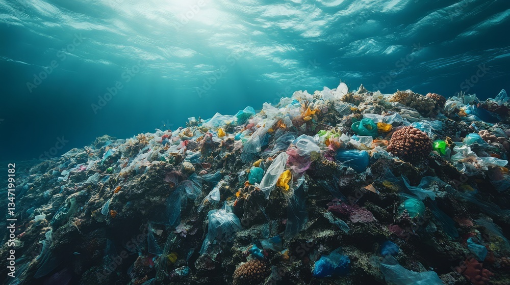 Fototapeta premium Coral reef covered in plastic film, suffocating under the weight of waste