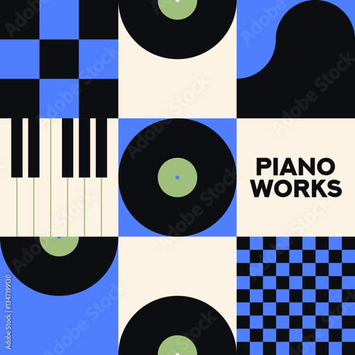 Musical poster for your design. Music design elements for card, invitation, flyer. Music cover. Music background vector illustration. Vinyl record. Piano. Music piano keyboard.
