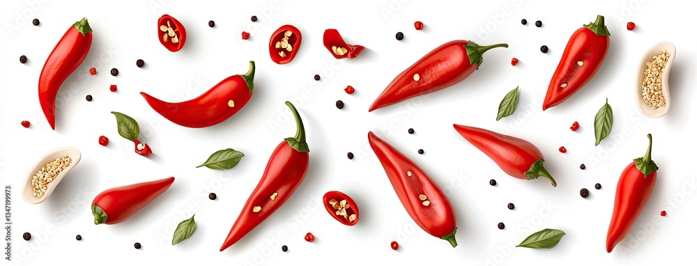 Fresh red chilies and spices arranged artistically on a white surface showcasing vibrant colors and textures Fresh red chilies and spices arranged artistically on a white surface showcasing vibrant colors and textures