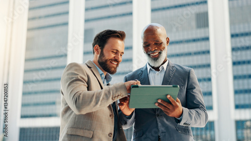 Photography Business people, tablet and men in city, smile or conversation with profit growth