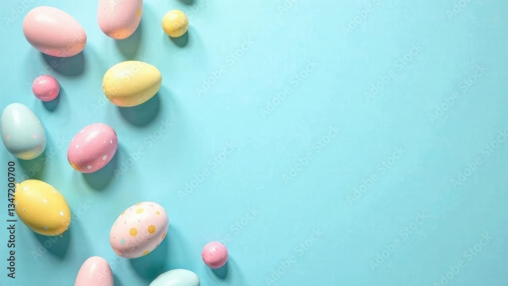 Obraz premium Flat lay decorative Easter eggs in pastel colors arranged on a soothing light blue background with copy space. Empty banner for spring holiday.