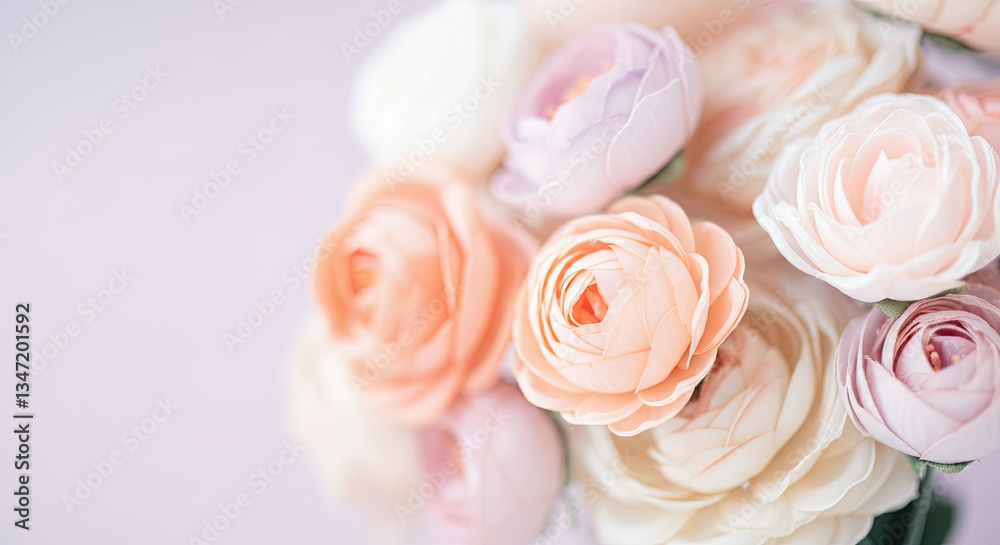 Pastel Peonies in Peach and Pink on Soft Lavender Background Pastel Peonies in Peach and Pink on Soft Lavender Background