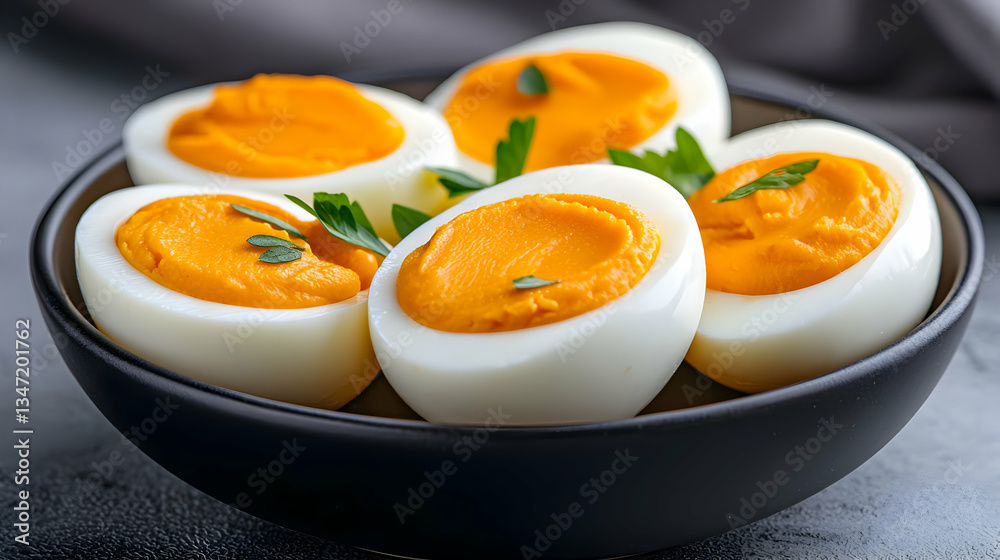 Close Up of Boiled Eggs in Dark Bowl Close Up of Boiled Eggs in Dark Bowl