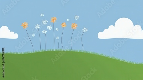 Spring Flowers Blooming on Hill with Blue Sky Background.