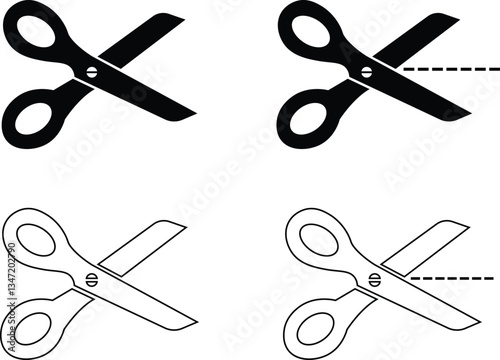 Cutting scissors icon set. Scissors with cut lines symbols isolated on transparent background. Cutter business concept. Scissors icon page symbol for your website design Scissors icon logo, app, UI.