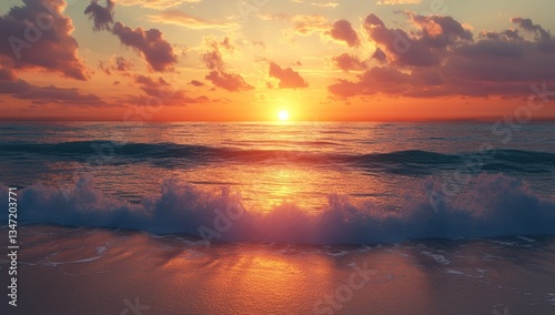 Dramatic sunset over ocean waves crashing on shore (1)