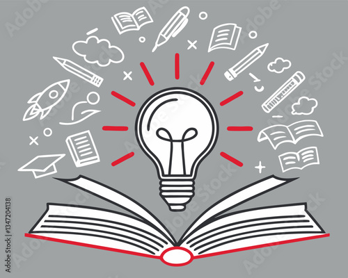 Open book unleashing creative ideas represented by a light bulb, pencil, rocket, planet, and more, symbolizing knowledge and imagination.