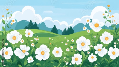 Spring Meadow with White Flowers and Mountains.