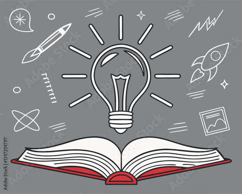 Open book unleashing creative ideas represented by a light bulb, pencil, rocket, planet, and more, symbolizing knowledge and imagination.