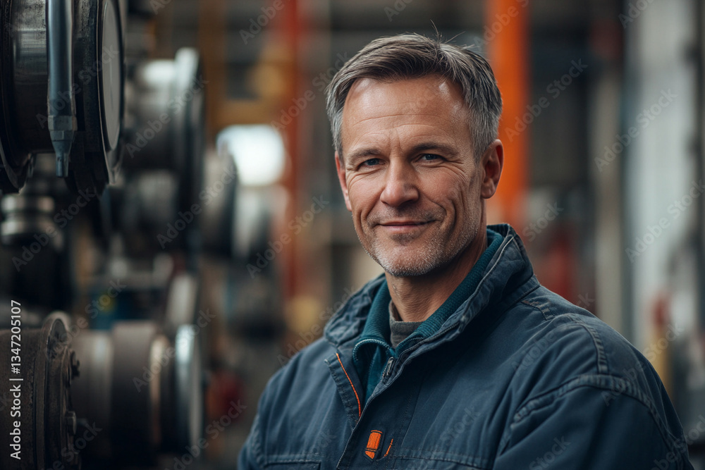Fototapeta premium Skilled worker smiling in industrial workshop