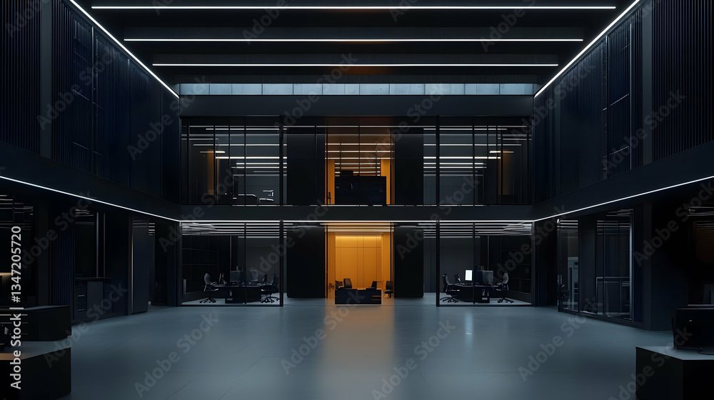 Obraz premium Modern Architectural Interior Featuring Geometric Lines and Yellow Accent Lighting with Dark Walls and Glass Panels