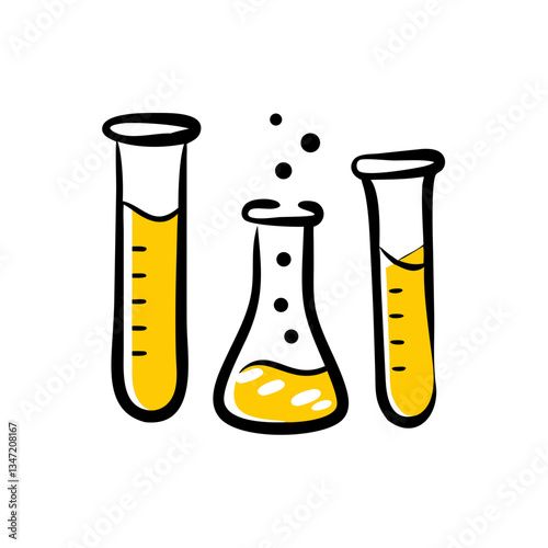 Laboratory glassware icon in a flat style with yellow liquid 