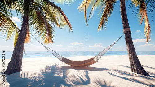 A peaceful tropical beach scene featuring a hammock strung between two palm trees on soft white sand.