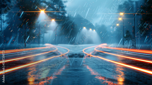 Futuristic Rainy Night Drive: Neon Streaks on Wet Roads