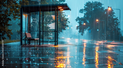 A deserted bus stop on a rainy morning, with soft golden streetlights casting warm reflections on the wet pavement. 