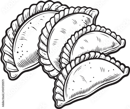 Empanadas Black and White Vector Illustration, Sketch Drawing Line Linear Engraving, Hand-drawn Isolated