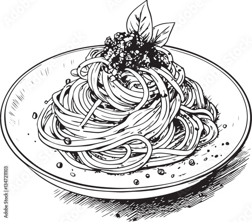 Pasta Spaghetti Carbonara Black and White Vector Illustration, Sketch Drawing Line Linear Engraving, Hand-drawn Isolated